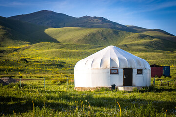 yurt camp in suussamyr valley in kyrgyzstan, mountain landscape, central asia, green valley, pasture