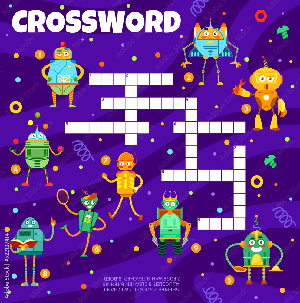 Poster cartoon funny robots, crossword grid worksheet and find word quiz, vector game. crossword game to gu