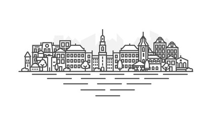 Copenhagen, Denmark architecture line skyline illustration. Linear vector Kiev cityscape with famous landmarks, city sights, design icons. Landscape with editable strokes.