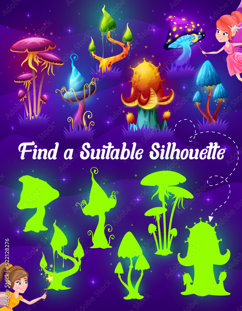 Aufkleber find a suitable silhouette of magic mushrooms. kids game worksheet. children shadow compare riddle o