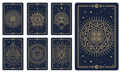 Tarot cards. Astrology arcana cards or occult ritual tattoo set. Tarot cards for divination or cartomancy with esoteric mason vector signs, line vector occult and magic symbols, satan pentagrams - obrazy, fototapety, plakaty