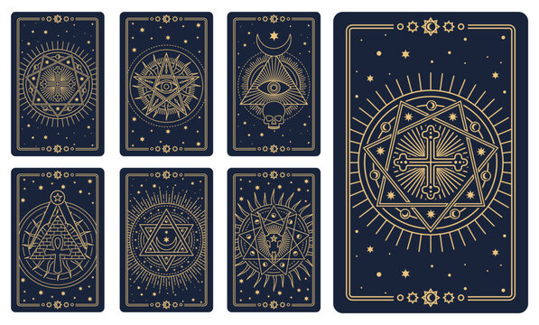 Tarot cards. Astrology arcana cards or occult ritual tattoo set. Tarot cards for divination or cartomancy with esoteric mason vector signs, line vector occult and magic symbols, satan pentagrams