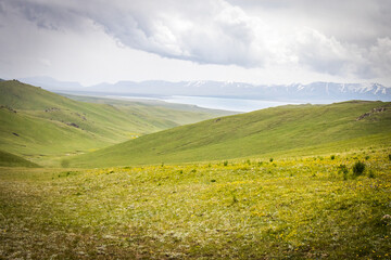 jalgyz karagay pass, mountain area in kyrgyzstan, central asia, summer pasture,  song-köl lake, 
