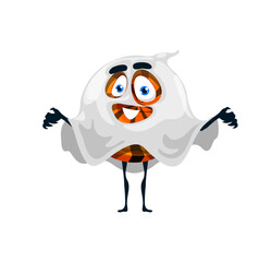 Cartoon Halloween ghost candy character, vector funny toffee wear white sheet. Cute spook caramel dessert for kids party. Trick or treat sweet patisserie personage, isolated snack spirit mascot