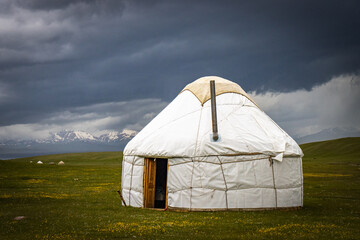 dramatic sky in the mountains, yurt camp, near song-köl lake, kyrgyzstan, central asia, hail storm