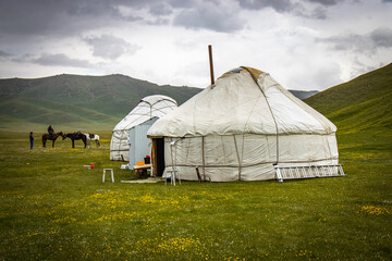 dramatic sky in the mountains, yurt camp, near song-köl lake, kyrgyzstan, central asia, hail storm