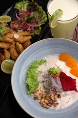 peruvian dishes ceviche and fried fish top view close up 