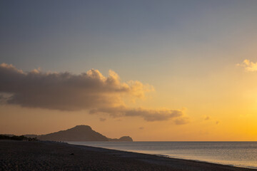 Fototapeta na wymiar Afandou sea beach in Rhodes at sunrise of sunny summer day, Greece, Europe.