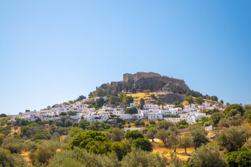Lindos town with the Acropolis on Rhodes island, Greece, Europe.