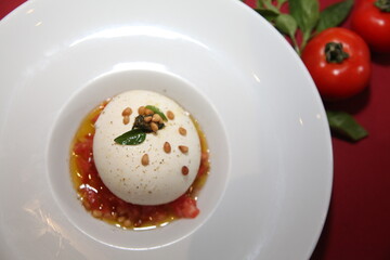 italian burrata mozzarella dish top view close up