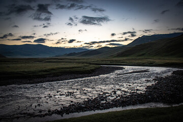 landscape with river, kyrgyzstan, central asia, near song-köl lake, sunrise