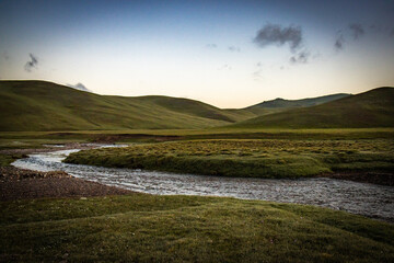 landscape with river, kyrgyzstan, central asia, near song-köl lake, sunrise