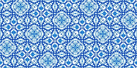 Blue white watercolor azulejo tile border background. Seamless coastal geometrical floral mosaic effect banner. Ornamental arabesque summer fashion repeat edge trim.