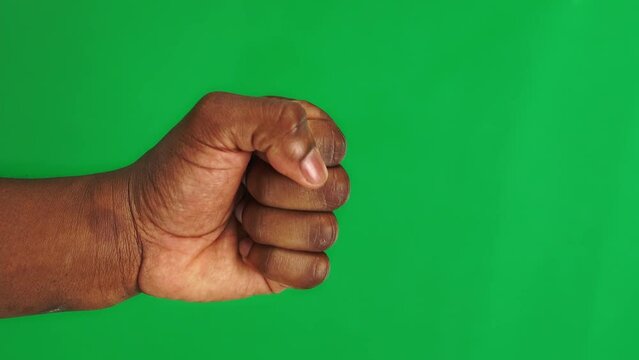 Package of 13 gestures by Black male hand on chroma key background. Closeup view of African American man hand showing signs by palm and fingers. He is wagging and clapping firstly slow then fast