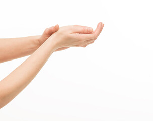 female hands do massage, touch each other, stroke each other on a white background isolated