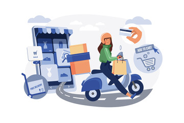 Delivery woman delivers online order Illustration concept on white background