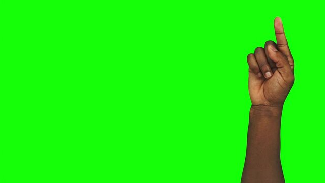 Package of 30 gestures by Black male hands on chroma key background. Set of movements for using mobile phone or sensory screen by index finger. Modern technologies and digital on alpha channel theme