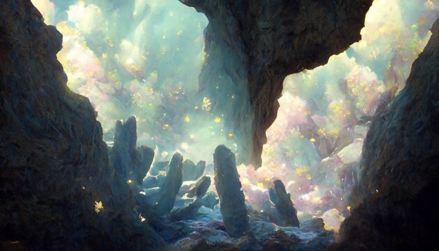 絵画風イラスト 神秘的な洞窟 ファンタジー 聖域