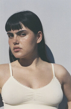 Distrust look on brunette woman