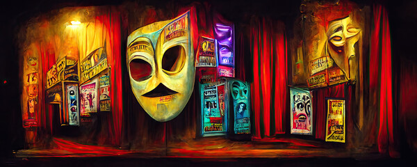 Theater, drama and comedy masks with curtains, box office and posters in the background. AI-generated digital painting.