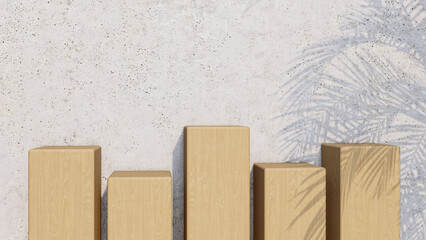 A 3d rendering image of wooden product stand on the concrete wall .