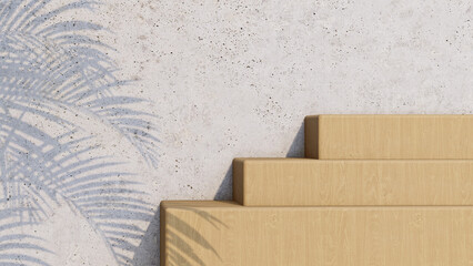 A 3d rendering image of wooden product stand on the concrete wall .