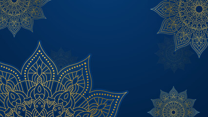 Mandala arabic blue Islamic design background. Universal ramadan kareem banner background with lantern, moon, islamic pattern, mosque and abstract luxury islamic elements
