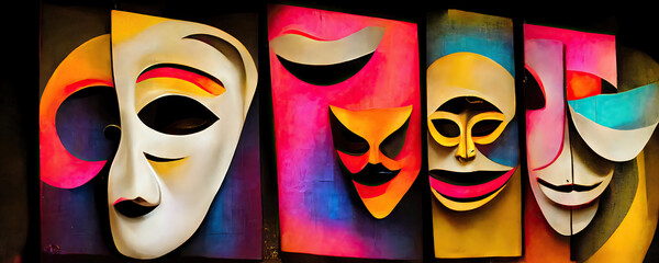 Theater, drama and comedy masks with curtains, box office and posters in the background. AI-generated digital painting. - obrazy, fototapety, plakaty