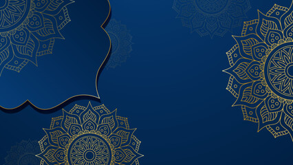 Mandala arabic blue Islamic design background. Universal ramadan kareem banner background with lantern, moon, islamic pattern, mosque and abstract luxury islamic elements
