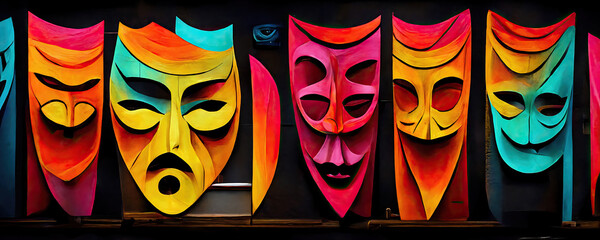 Theater, drama and comedy masks with curtains, box office and posters in the background. AI-generated digital painting.