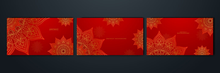 Luxury red gold mandala background for wedding card template with golden arabesque pattern Arabic Islamic east background style. Decorative mandala for print, poster, cover, flyer, banner.