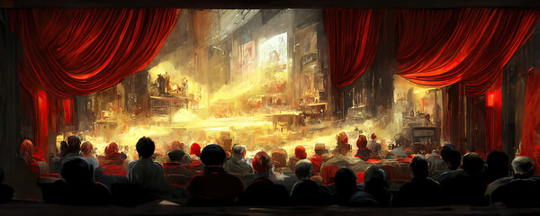 Theater stage with luxury red curtains, columns, spotlights and decor. AI-generated digital painting.