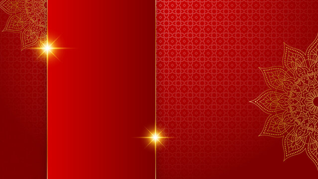 Luxury red gold mandala background for wedding card template with golden arabesque pattern Arabic Islamic east background style. Decorative mandala for print, poster, cover, flyer, banner.