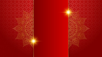 Luxury red gold mandala background for wedding card template with golden arabesque pattern Arabic Islamic east background style. Decorative mandala for print, poster, cover, flyer, banner.