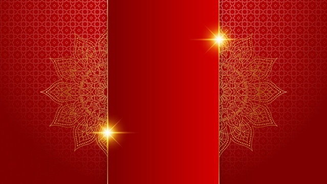 Luxury Red Gold Mandala Background For Wedding Card Template With Golden Arabesque Pattern Arabic Islamic East Background Style. Decorative Mandala For Print, Poster, Cover, Flyer, Banner.