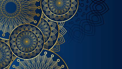 Ramadan Kareem banner with 3d metallic golden crescent moon, paper cut abstract arabesque flowers and Arabic handwritten calligraphy. Translation Ramadan Kareem. Vector.