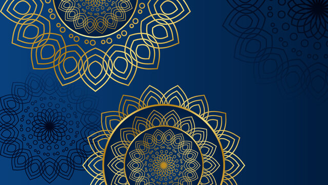 Luxury blue and gold background with arabic mandala pattern. Luxury abstract mandala background with golden pattern arabic islamic Design © Roisa