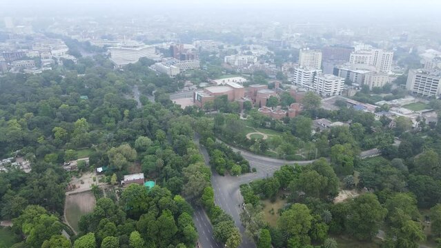 Aerial view of Lahore's Mall Road with the land marks of WAPDA House and Al Hamra Theatre.