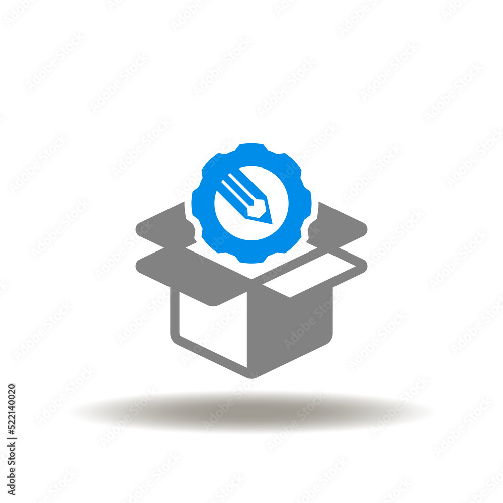 Poster vector illustration of open box packaging or parcel cardboard with gear and pencil. symbol of custom