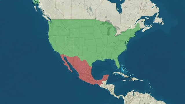 Zoom in to the map of USA and Mexico with text, textless