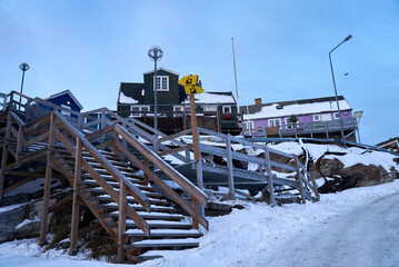 Tsunami wave disaster warnings, Uummannaq island, Greenland