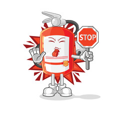 extinguisher holding stop sign. cartoon mascot vector