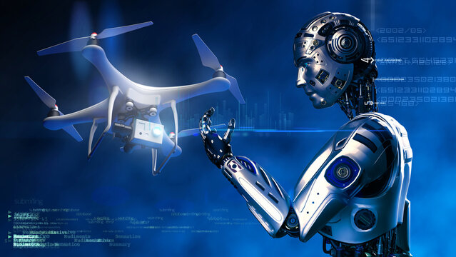 Silver AI Robot and white drone loaded with some of most advanced imaging and flight technologies under blue lighting. Concept 3D CG of video production, agriculture solution and public safety.