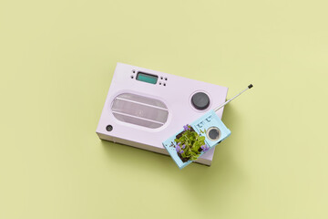 Radio and walkie-talkie with growing plant