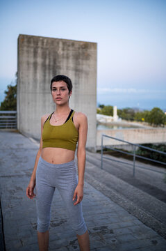 Self-assured sportswoman with body hair