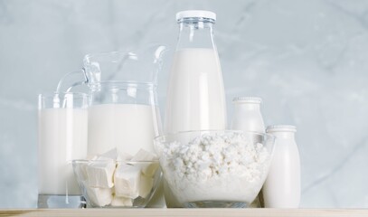 Fresh dairy products milk, kefir, feta, cottage cheese. Symbols of jewish holiday - Shavuot.