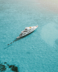 Aerial view of yacht in the Bahamas