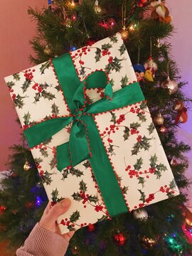 Christmas present wrapped in holly print