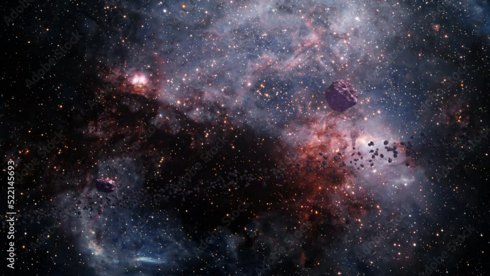 Poster space exploration through outer space towards glowing milky way galaxy. animation of flying through 