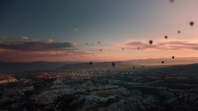 Miniature footage with tilt shift effect of flying hot air balloons over Cappadocia limestone valley filmed by drone at summer evening. Scene of Turkish terrain with limestone mountains. Travel theme.